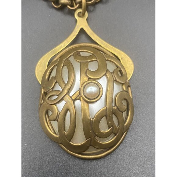 Signed Jan Michaels Art Nouveau Necklace Gold Brass Tone Caged Pearl Rolo Chain - Picture 3 of 8